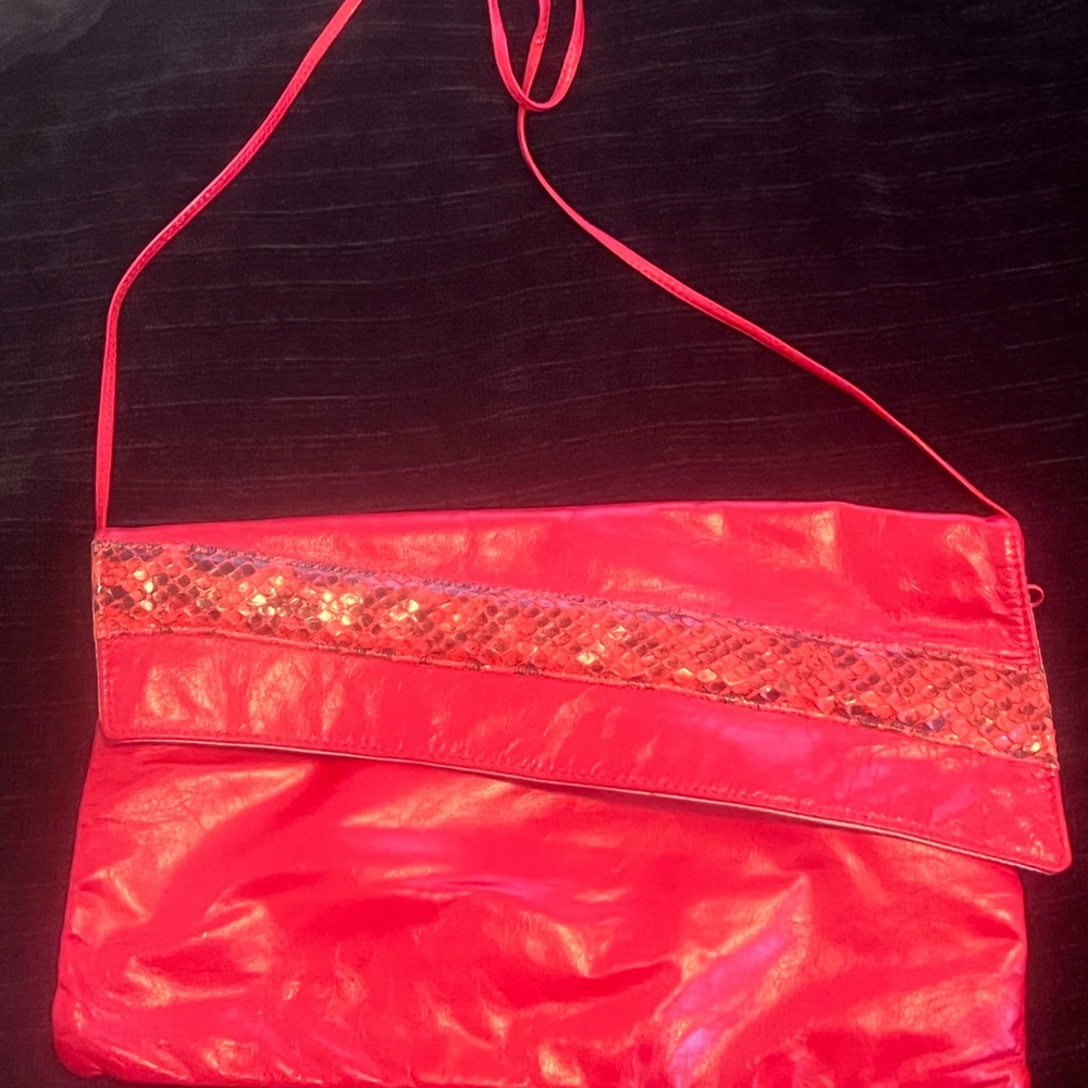 Red Sequin Accent Fold-Over Clutch with Strap